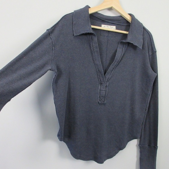 We The Free People Anakin Thermal Top Women XS Blue Boho Lounge Collared 342 - Picture 10 of 11